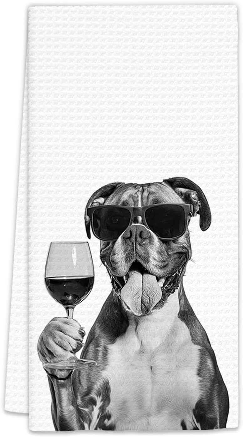 FIicy Boxer Dog Gifts Wine Kitchen Towels, Gifts for Boxer Dog Wine Lovers Decorative Hand Dish Tea Towel for Kitchen Home Bar, Funny BoxerDog Owners Home Bar Decor(16x24In) - Image 1